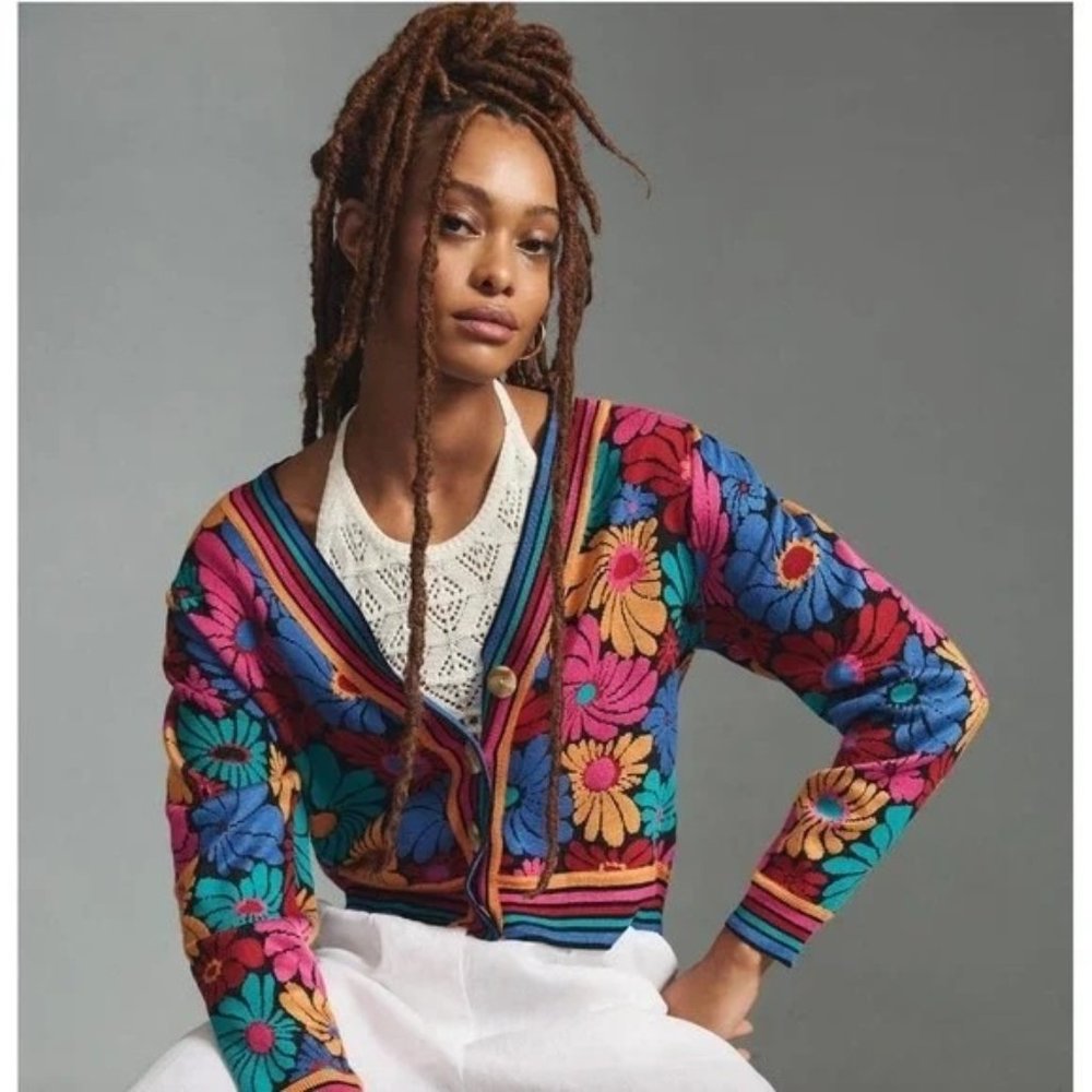 Anthropologie Farm Rio Daisy Cardigan Sweater Size L Button Up Colorful